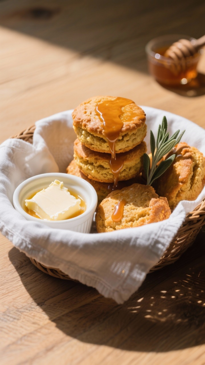 Final dish plated: Restaurant-quality presentation of warm pumpkin drop biscuits stacked in a linen-