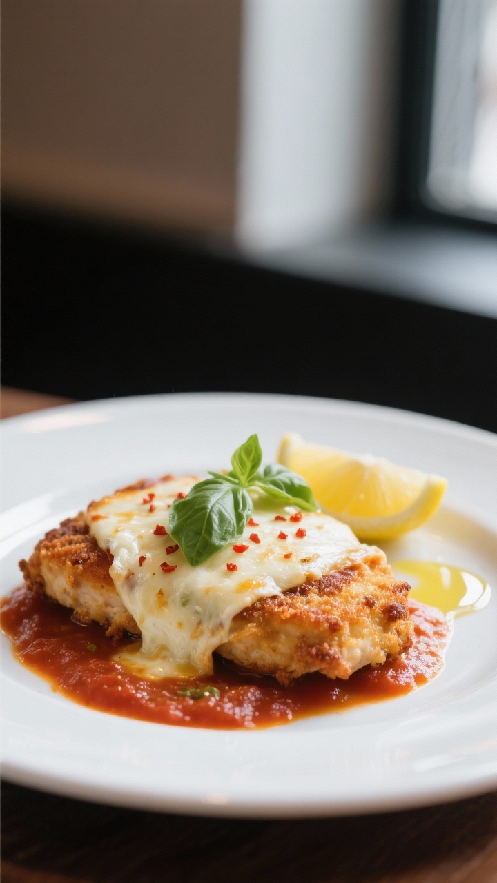 Final dish, plated restaurant style: Beautifully plated Baked Chicken Parmesan on a white rimmed pla