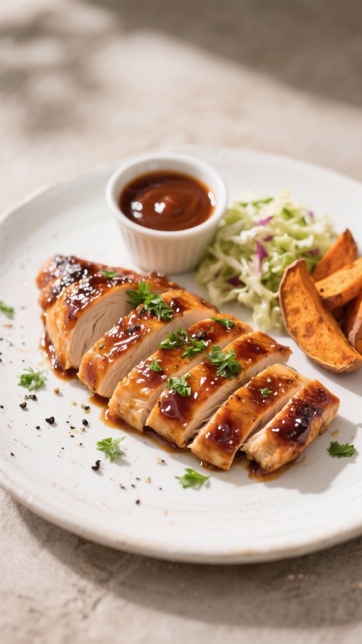 Final dish plated: Sliced air fryer BBQ chicken breast fanned across a white ceramic plate, slices c