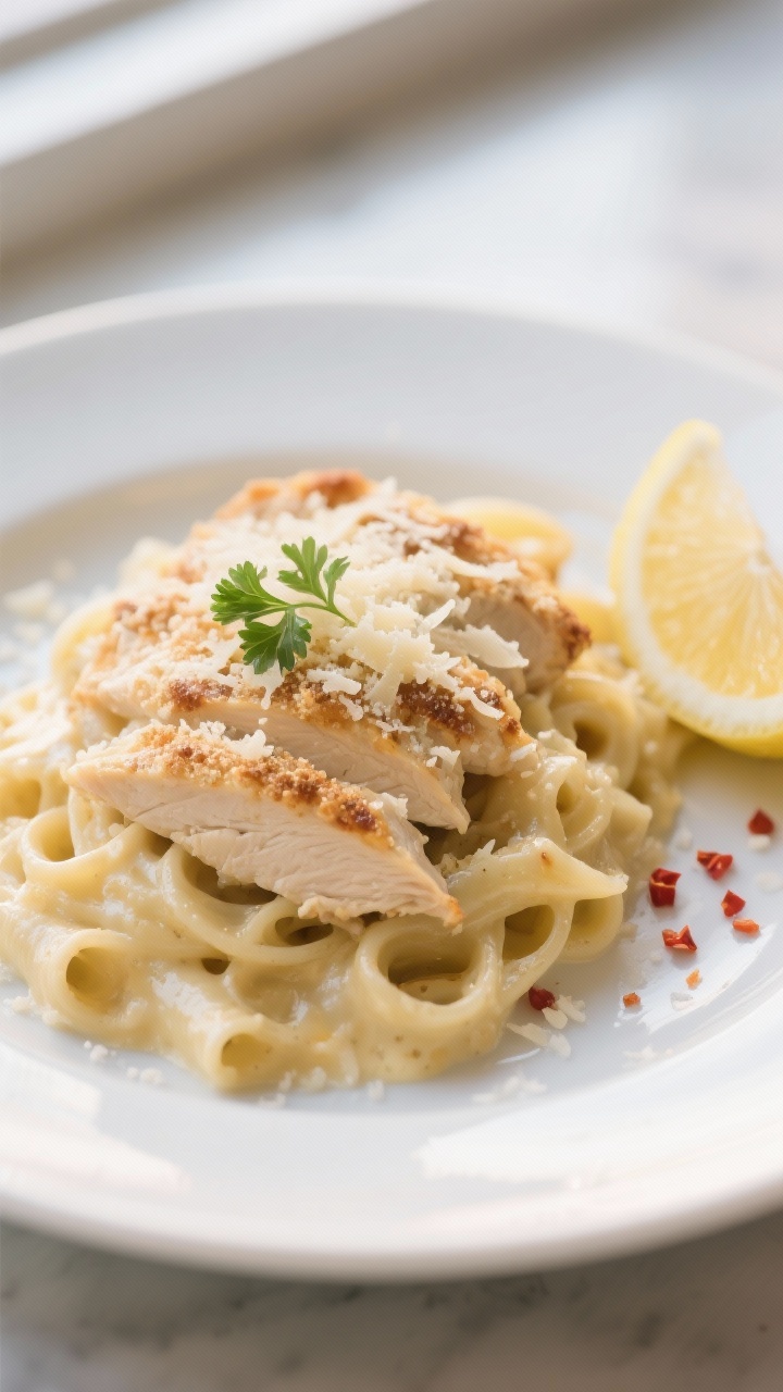 Final dish presentation: A beautifully plated serving of Chicken Alfredo Bake on a wide white plate,