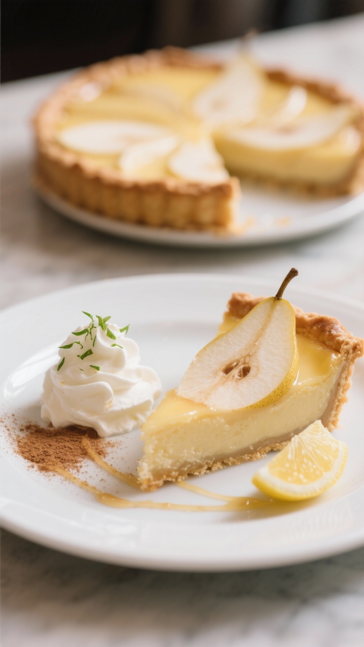 Final dish presentation: A clean slice of pear custard pie plated on a white ceramic dessert plate,