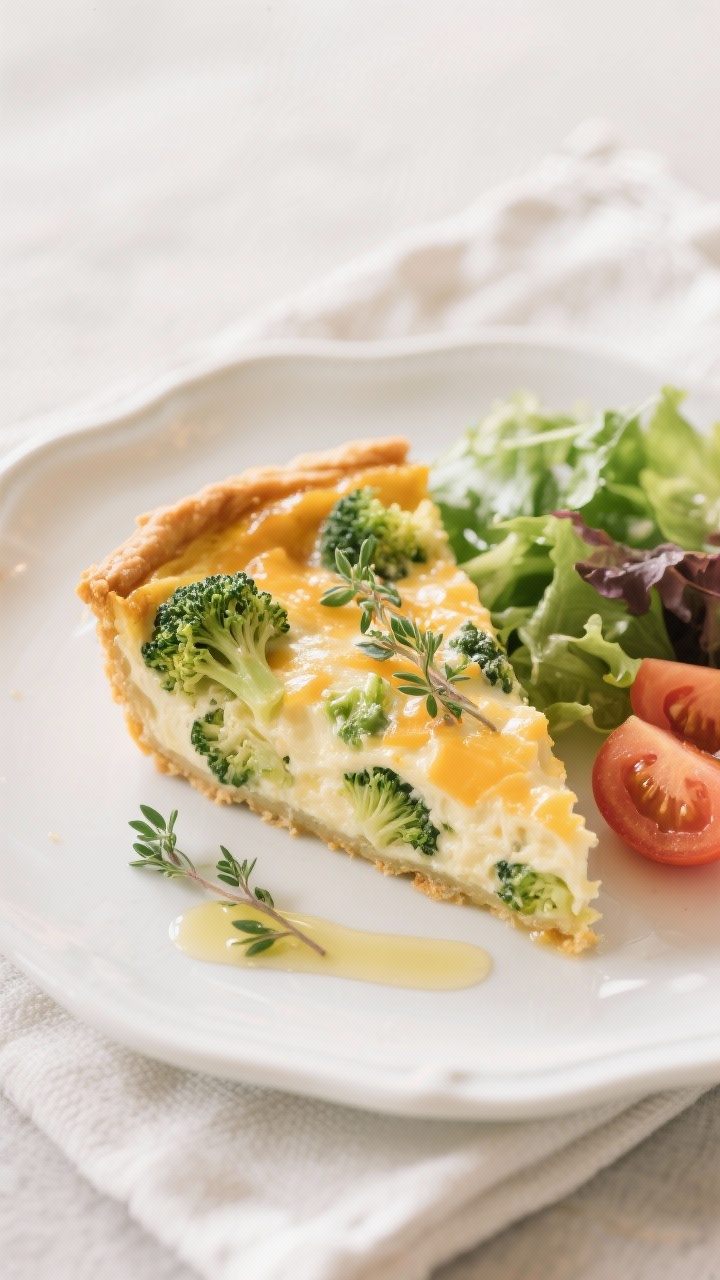 Final dish presentation: A crustless quiche slice plated on a white ceramic plate, creamy interior w