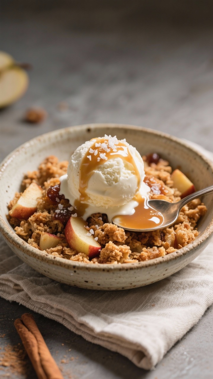 Final dish presentation: A generous scoop of warm apple crisp in a rustic ceramic bowl topped with a