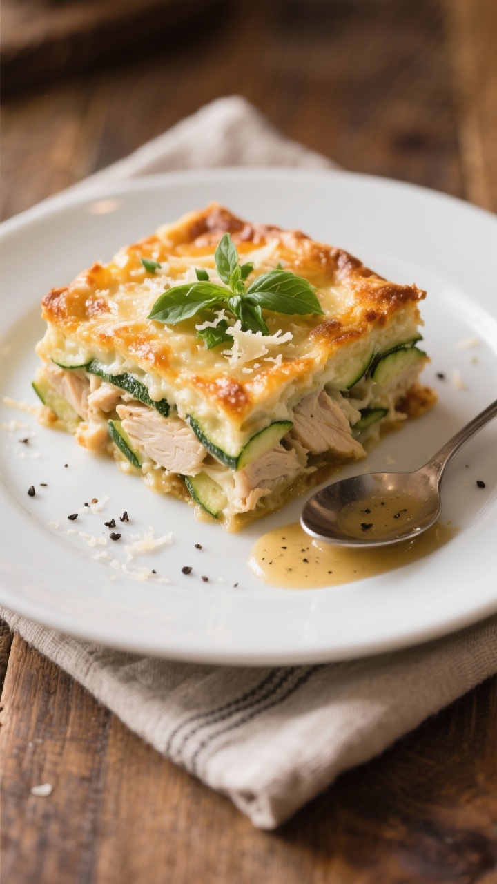 Final dish presentation: A neat square of Chicken Zucchini Casserole plated on a matte white dinner 