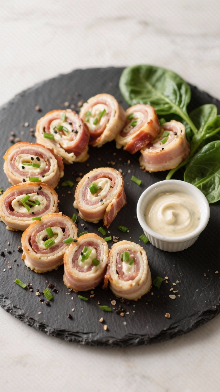 Final dish presentation: A platter of perfectly cut 1-inch Turkey Bacon Ranch Pinwheels arranged in 