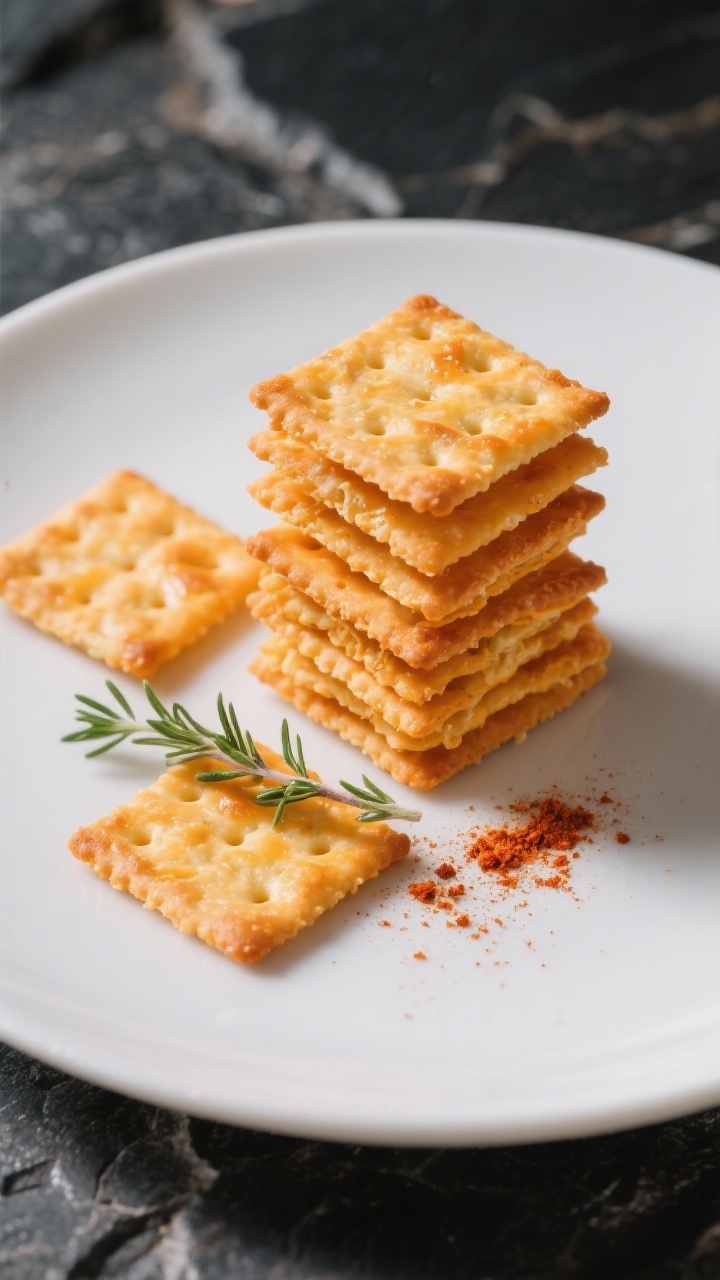 Final dish presentation: A refined plate of super-crisp cheese crackers made with sharp cheddar and 
