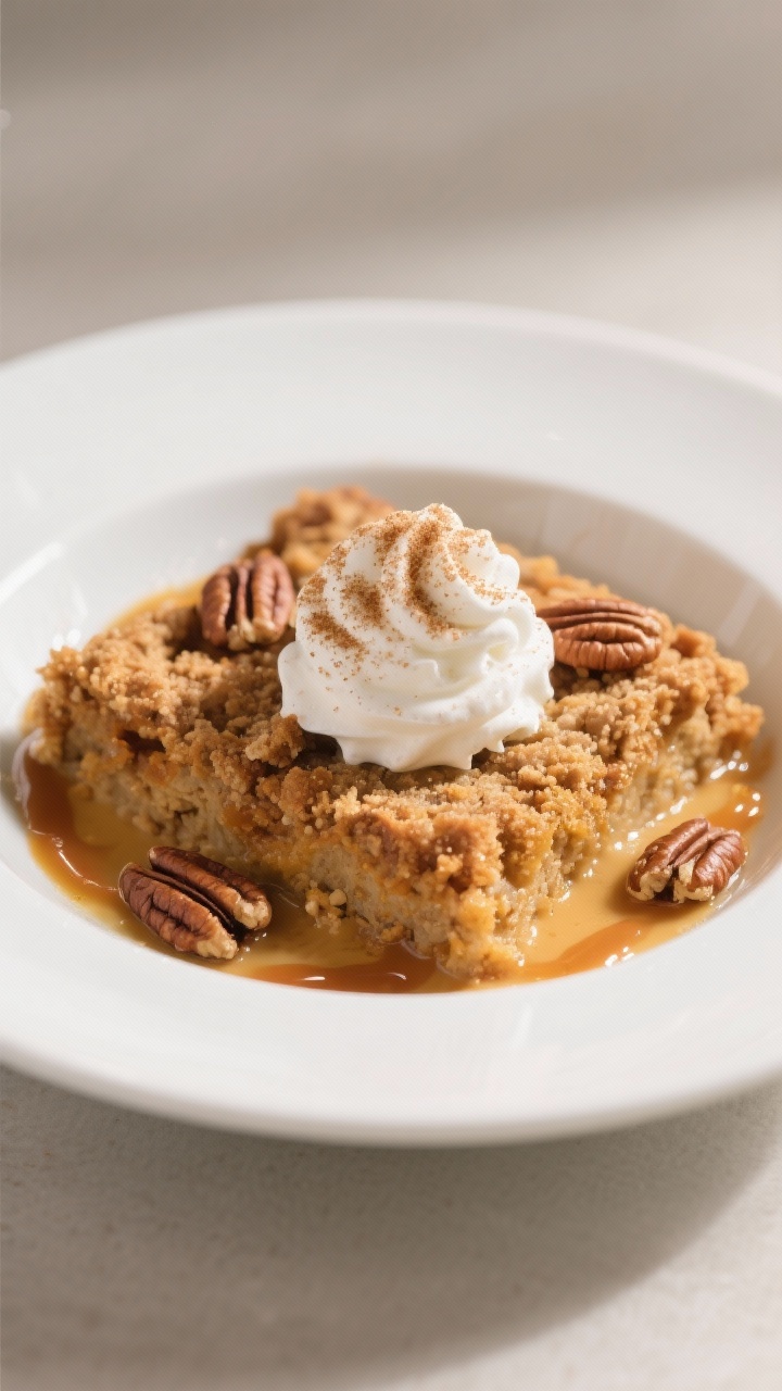 Final dish presentation: A restaurant-quality plated serving of warm Pumpkin Pie Dump Cake in a shal