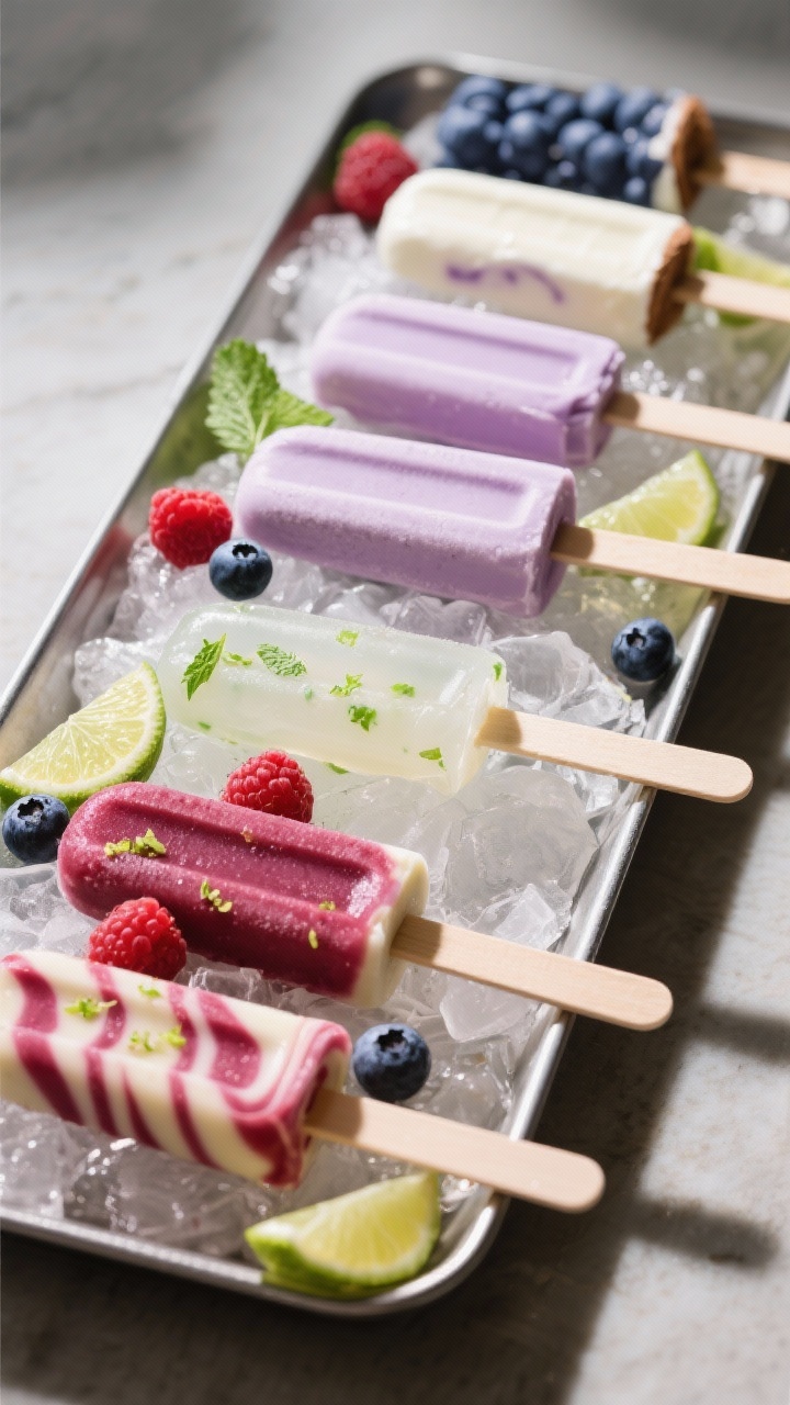 Final dish presentation: A row of assorted finished pops on crushed ice in a shallow metal tray, sho