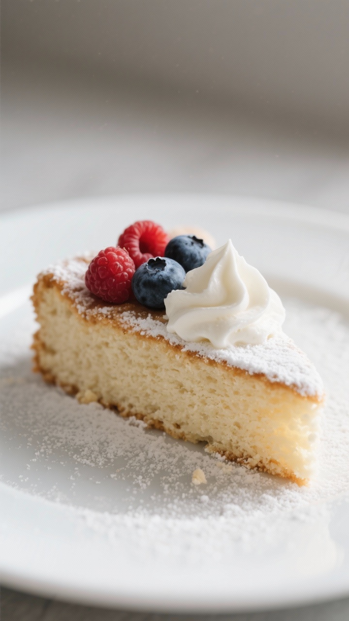 Final dish presentation: A single slice of sugar-free cake on a matte white plate, lightly dusted wi