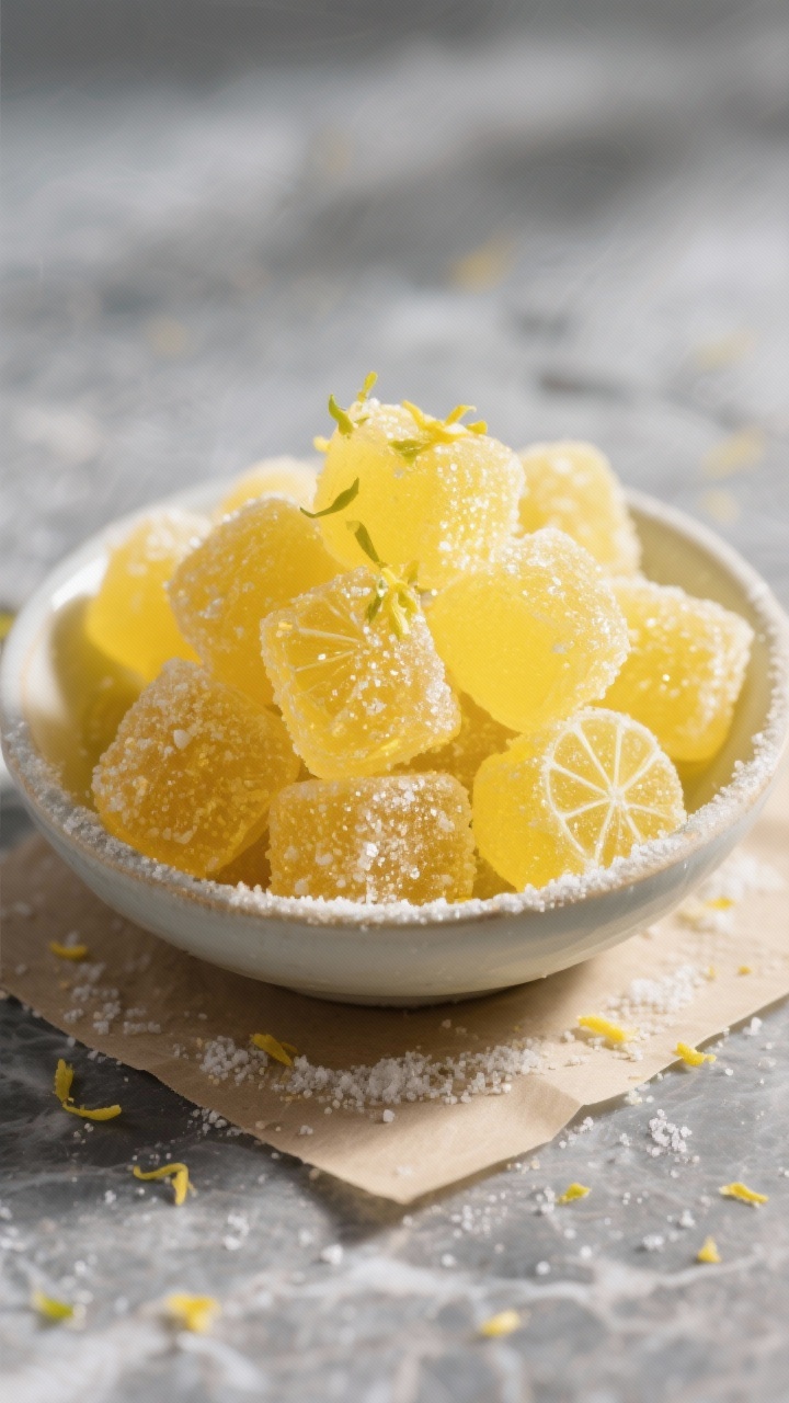 Final dish presentation: a small bowl piled with shimmering sour lemon gumdrops, restaurant-quality 