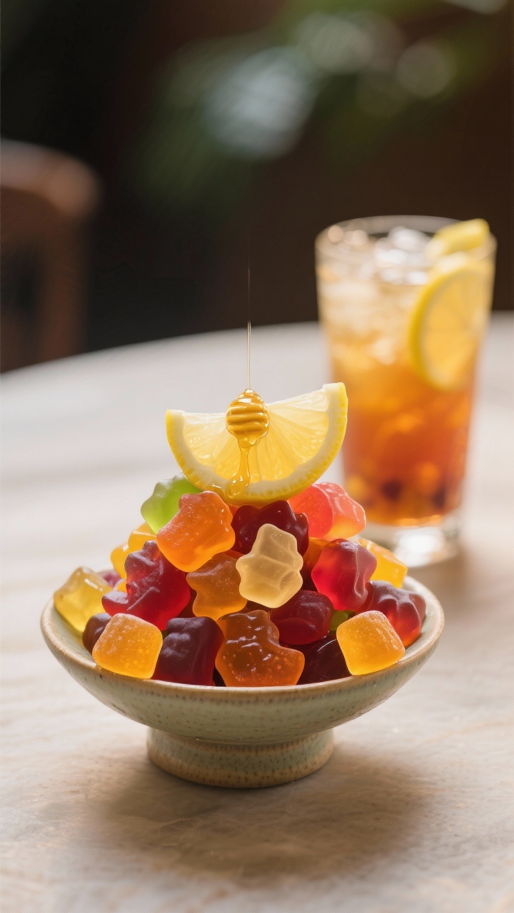 Final dish presentation: A small ceramic dish piled high with assorted gummy shapes, garnished with