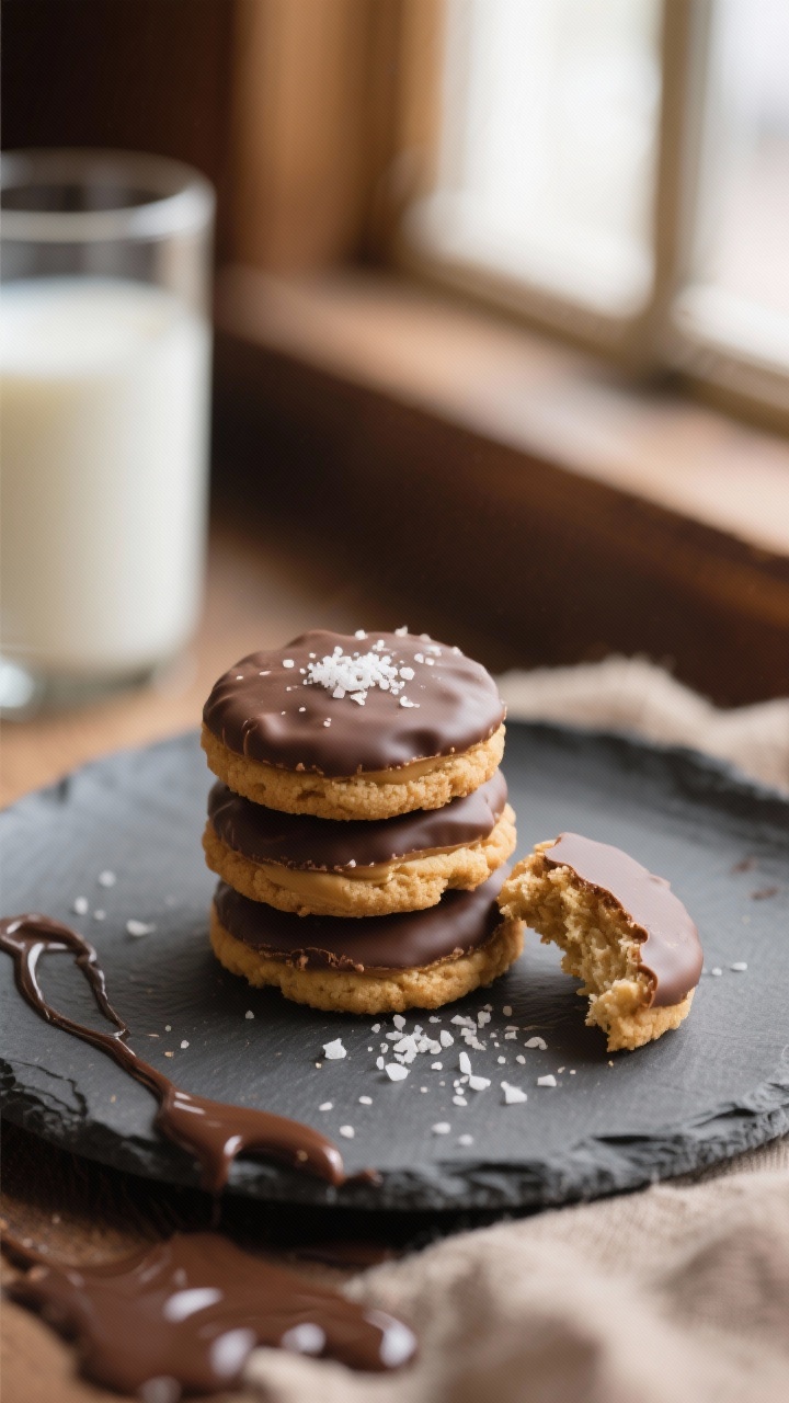 Final dish presentation: A small stack of finished Tagalong cookies on a matte slate plate, one cook