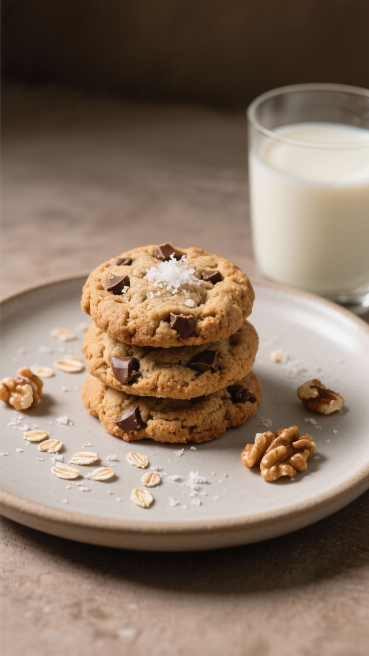 Final dish presentation: A small stack of three oat flour chocolate chip cookies on a matte ceramic