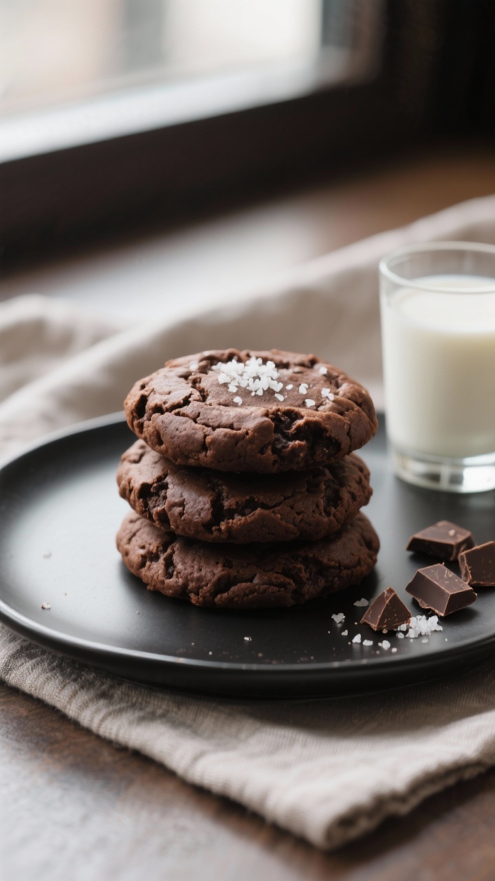 Final dish presentation: A stack of three brownie cookies on a matte black dessert plate with a smal