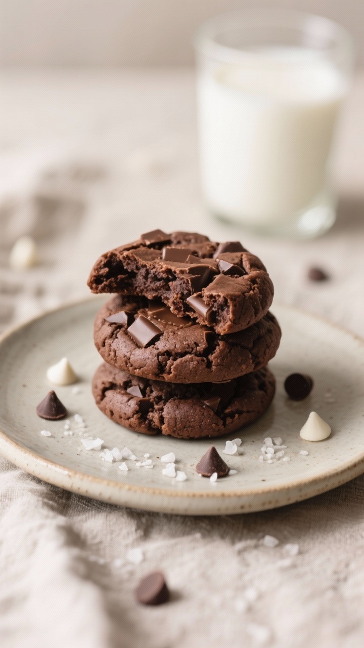 Final dish presentation: A stack of three triple chocolate cookies on a small ceramic dessert plate,