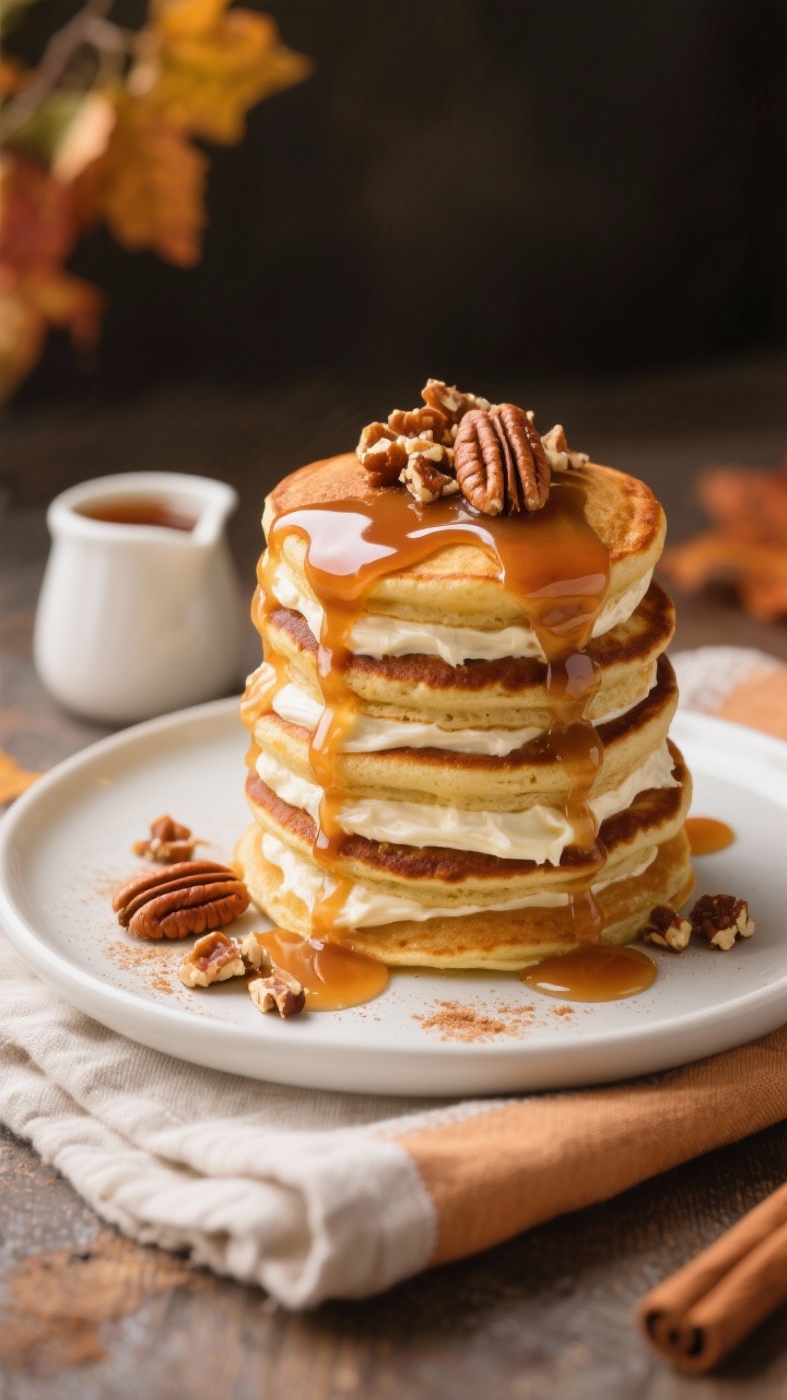 Final dish presentation: A tall stack of Pumpkin Roll Pancakes on a matte white plate, glossy cream