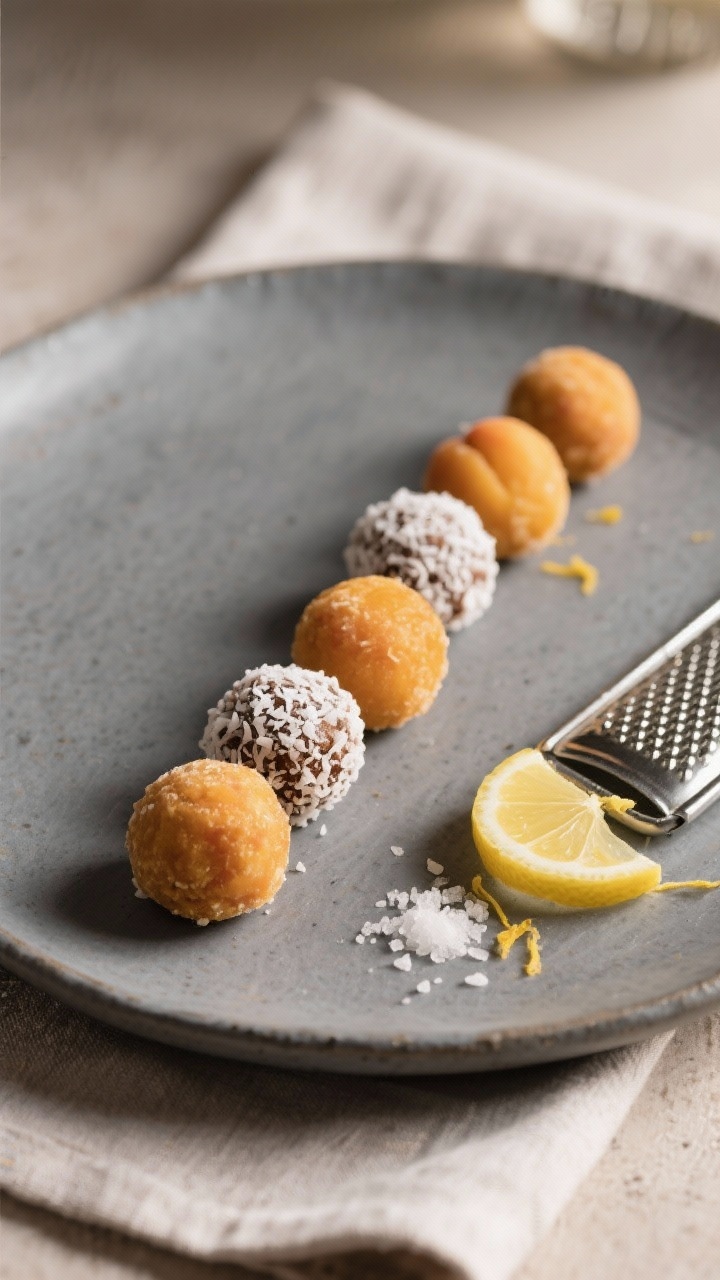 Final dish presentation: A tidy row of tablespoon-sized apricot bliss balls on a slate-gray ceramic 