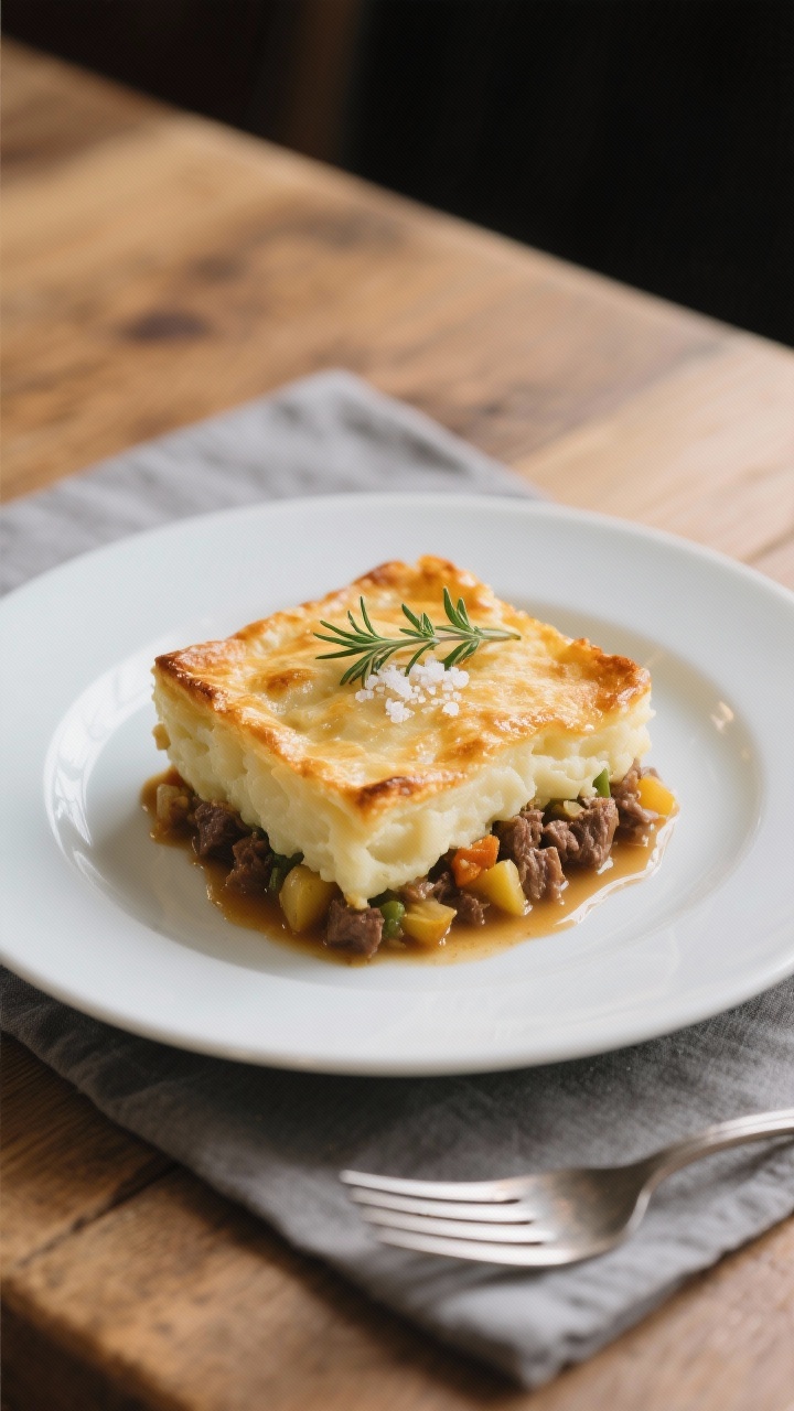 Final dish presentation: A tidy square of Shepherd’s Pie plated on a matte white dinner plate, cle