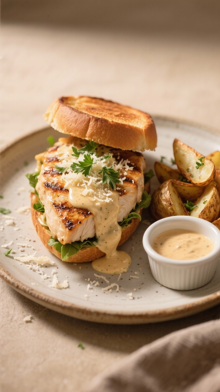 Final dish presentation: A toasted chicken sandwich on a rustic plate—grilled chicken breast gener
