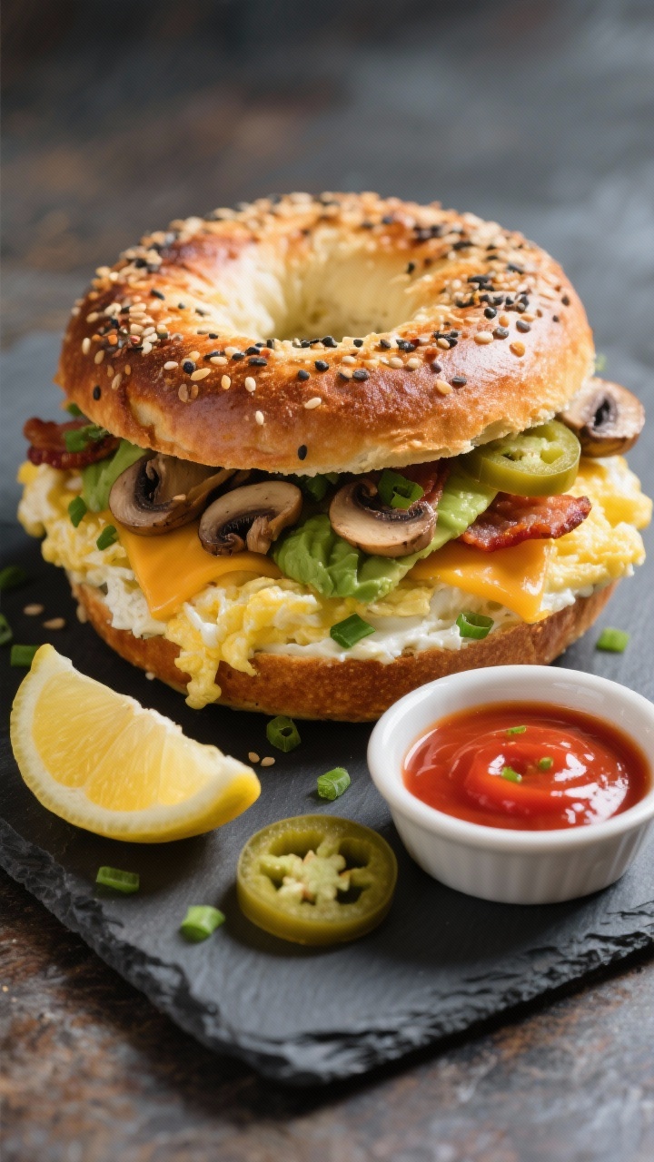 Final dish presentation: Bagel shop style variation—everything bagel toasted, piled with softly sc