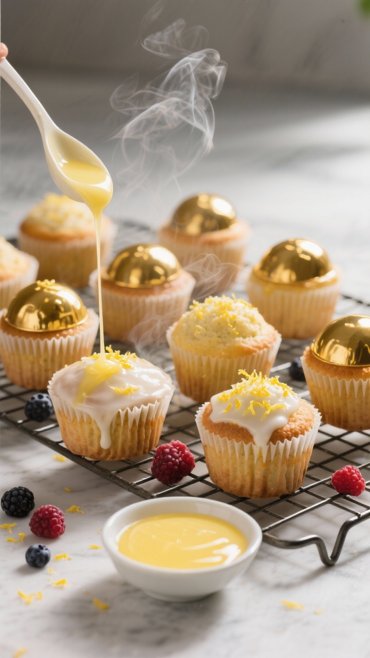 Final dish presentation: Bakery-style lemon berry muffins with tall golden domes arranged on a cooli