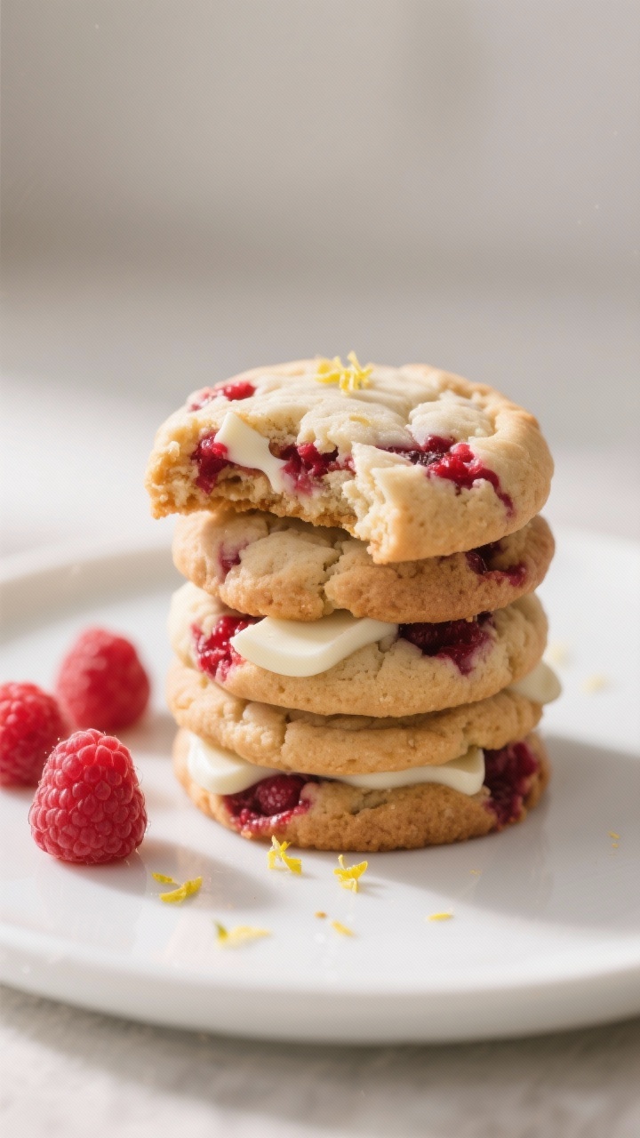 Final dish presentation: Bakery-style stack of raspberry and white chocolate cookies on a matte whit