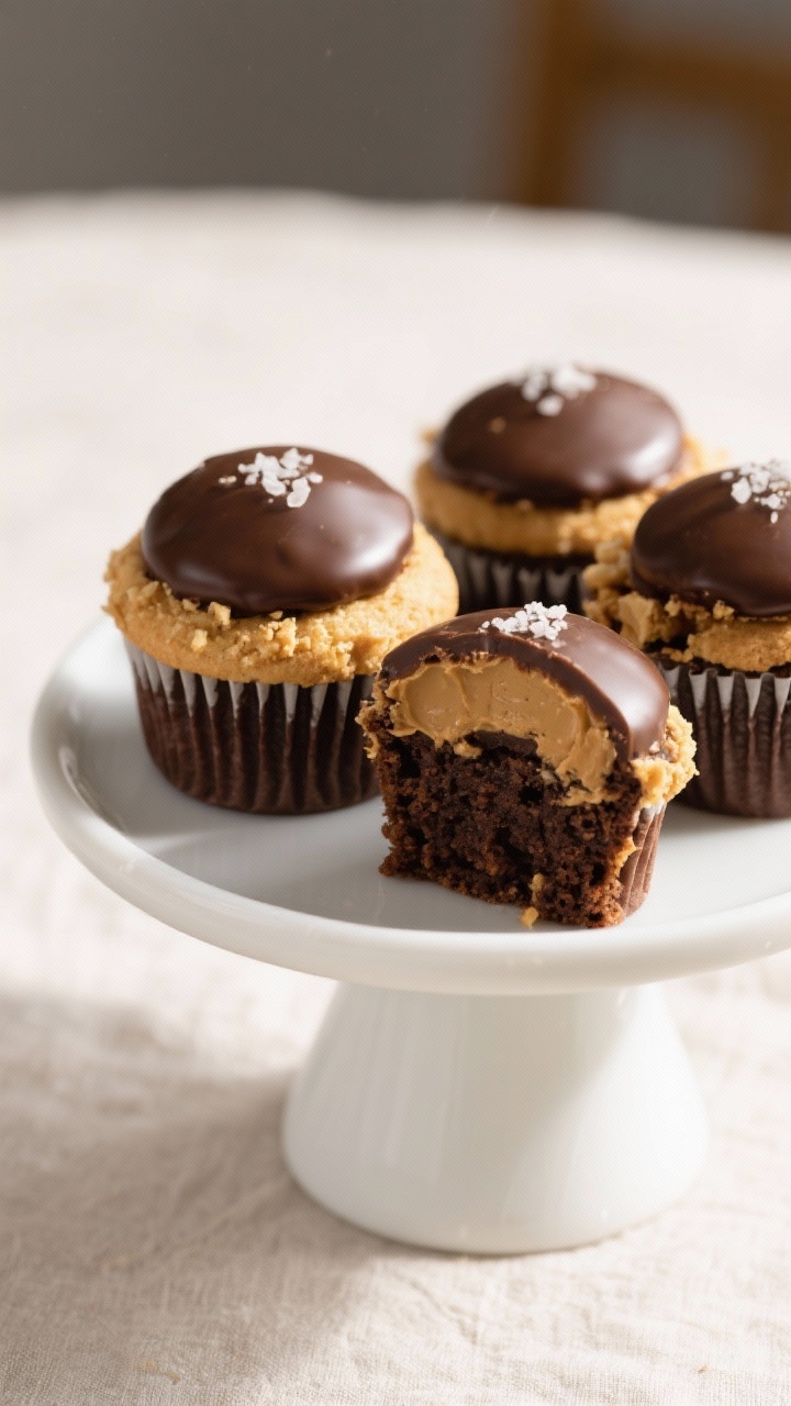 Final dish presentation: Bakery-style Tagalong Cupcakes plated on a simple white cake stand—each w