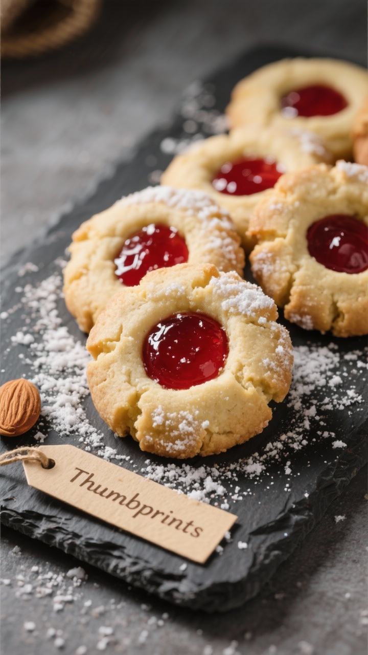 Final dish presentation: Bakery-style thumbprint cookies on a slate board, almond-extract scented do