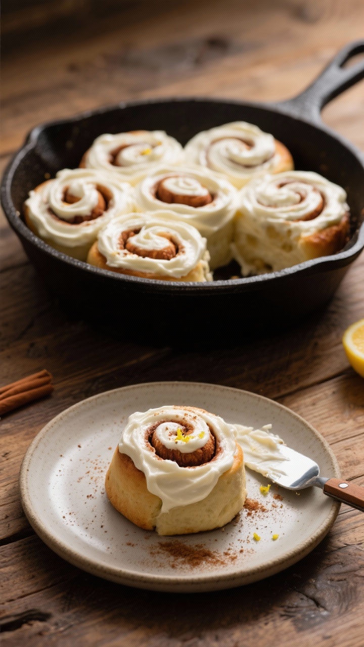 Final dish presentation: Beautifully frosted keto cinnamon rolls in a cast-iron skillet, generously 