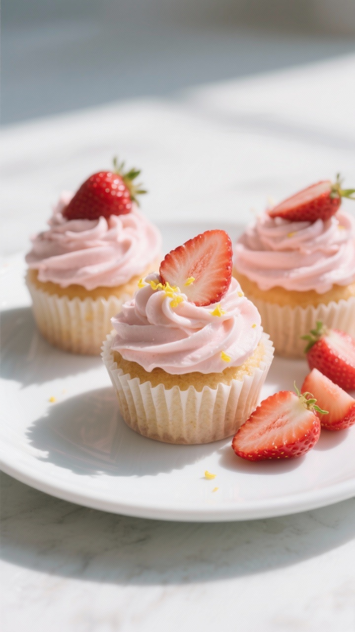 Final dish presentation: beautifully frosted low-carb strawberry cupcakes on a matte white plate, si