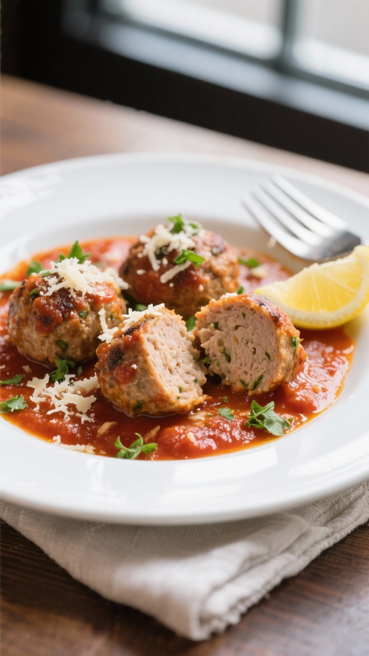 Final dish presentation: Beautifully plated air fryer chicken meatballs nestled in warm marinara on