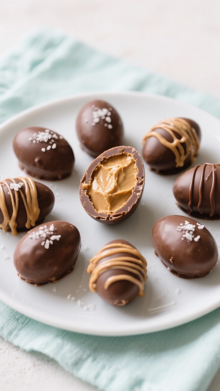 Final dish presentation: Beautifully plated assortment of finished Reese’s-style peanut butter egg