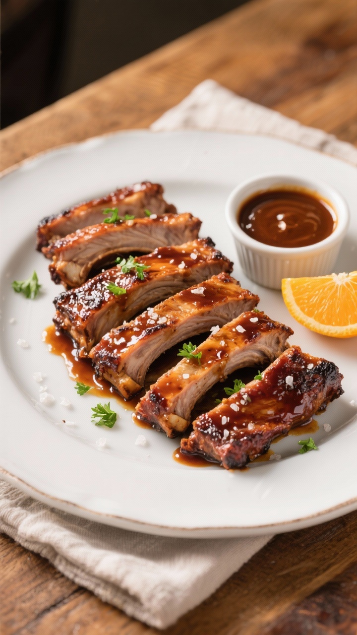 Final dish presentation: Beautifully plated baby back ribs sliced between bones into individual ribs