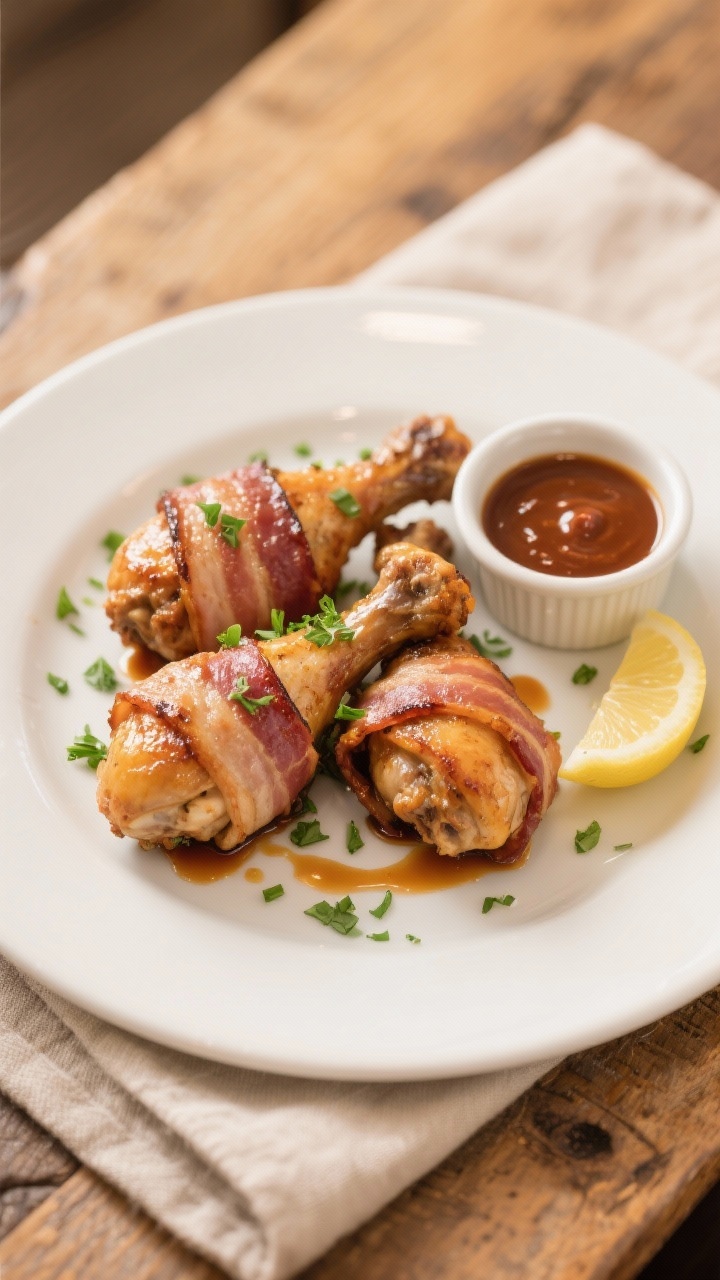 Final dish presentation: Beautifully plated bacon-wrapped chicken legs on a matte white plate, sprin