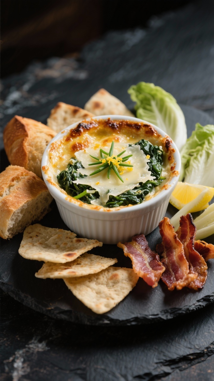 Final dish presentation: Beautifully plated Bacon Caesar Spinach Dip in a small white gratin dish, t
