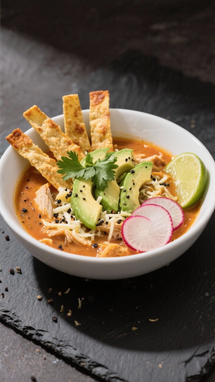 Final dish presentation: Beautifully plated bowl of keto chicken tortilla soup topped with avocado s