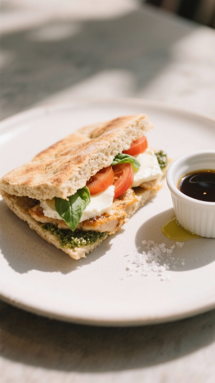 Final dish presentation: Beautifully plated Chicken Caprese low-carb panini made with almond flour f