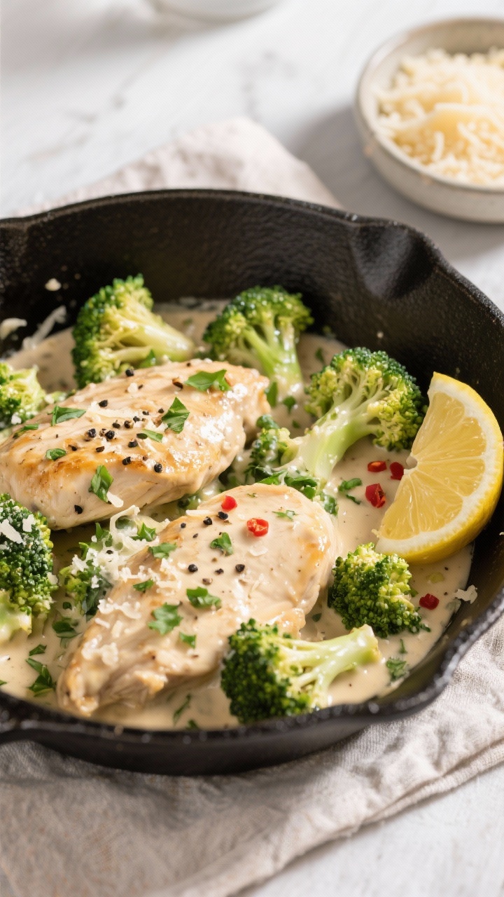 Final dish presentation: Beautifully plated Keto Chicken and Broccoli Skillet served family-style in