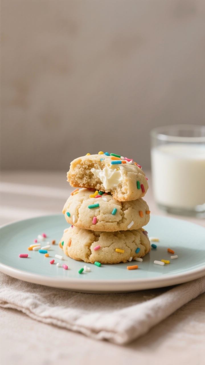 Final dish presentation: Beautifully plated Keto Funfetti Cookie Bites stacked on a matte pastel des