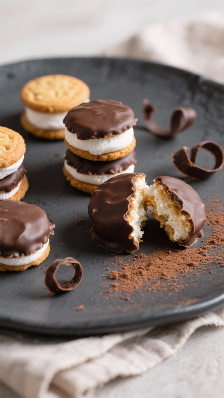 Final dish presentation: Beautifully plated Keto Mallomars stacked and scattered on a matte charcoal
