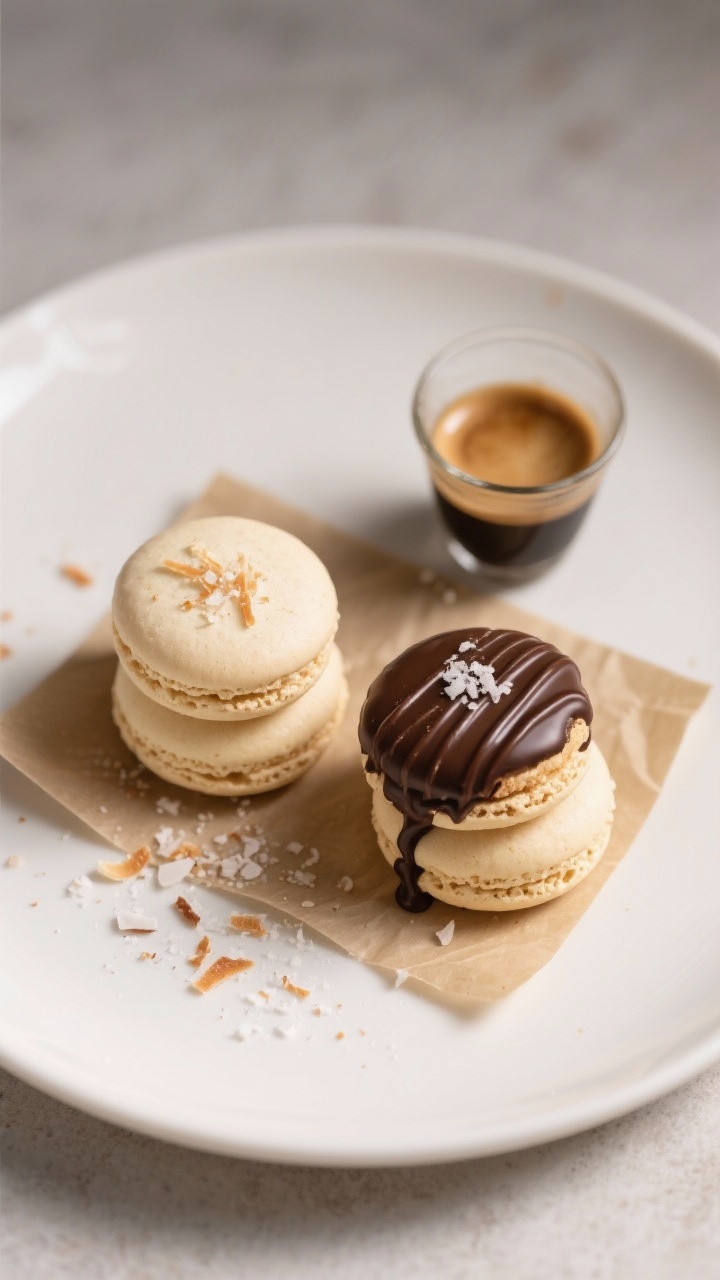 Final dish presentation: Beautifully plated keto macaroons on a matte white plate—half plain, half