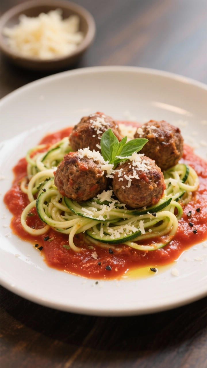 Final dish presentation: Beautifully plated keto meatballs over twirled zucchini noodles on a matte 