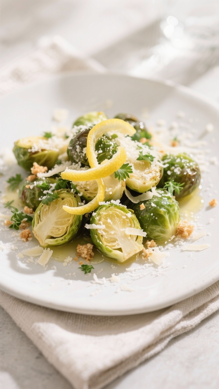 Final dish presentation: Beautifully plated Lemon Parmesan Brussels sprouts on a matte white ceramic