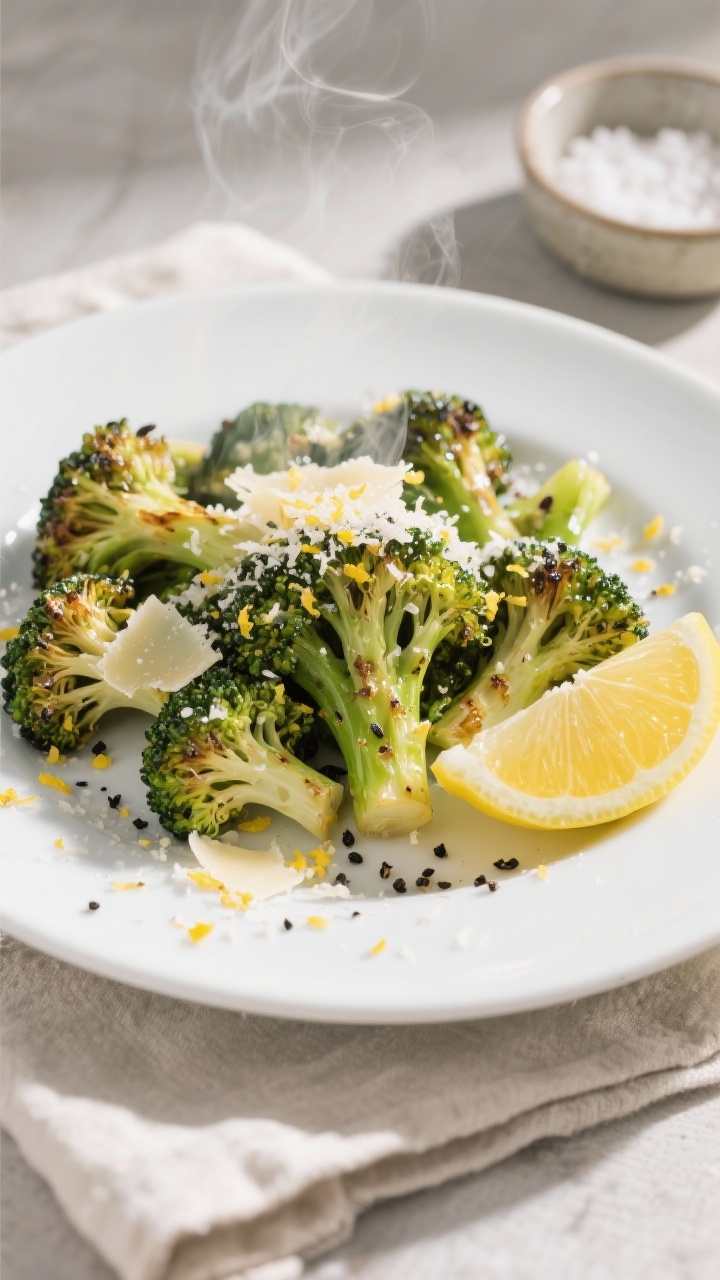Final dish presentation: Beautifully plated Lemon-Parmesan broiled broccoli on a matte white plate,