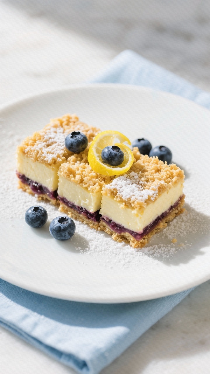 Final dish presentation: Beautifully plated Lemon Blueberry Cheesecake Crumb Bars cut into neat squa