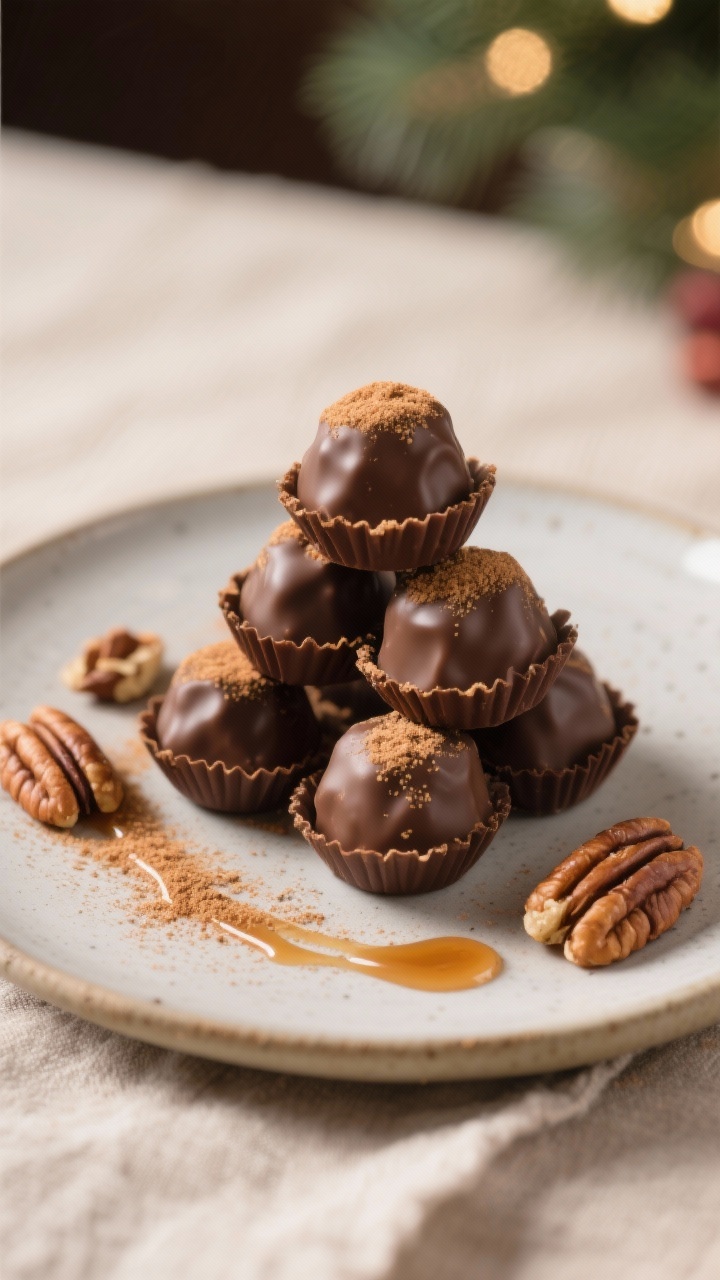 Final dish presentation: Beautifully plated Low Carb Pecan Pie Truffles stacked in a small pyramid o