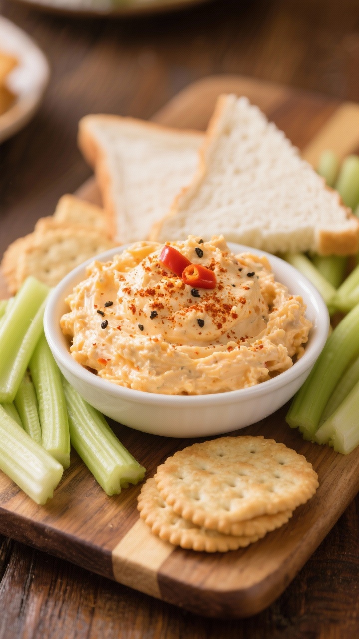 Final dish presentation: Beautifully plated pimento cheese as a party spread—mounded in a low whit