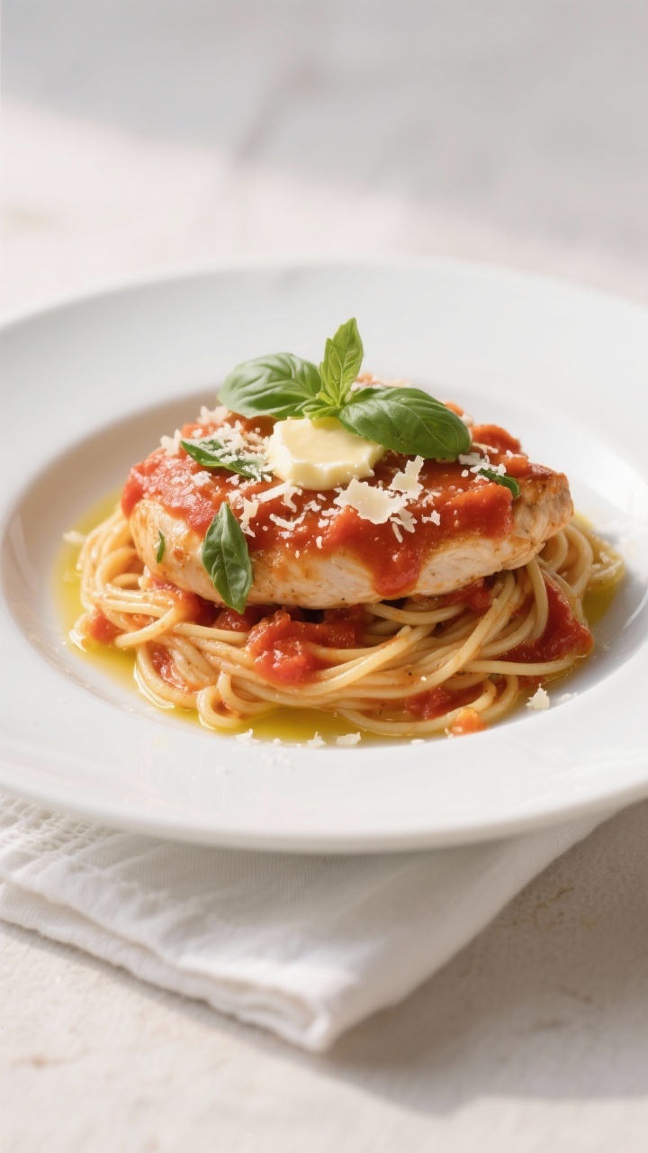 Final dish presentation: Beautifully plated Pomodoro Chicken over al dente spaghetti, generously spo