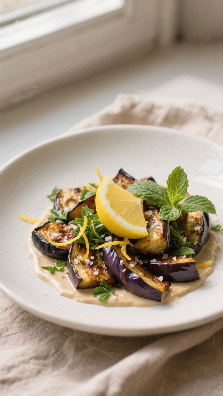 Final dish presentation: Beautifully plated roasted eggplant tossed with fresh herbs and a squeeze o