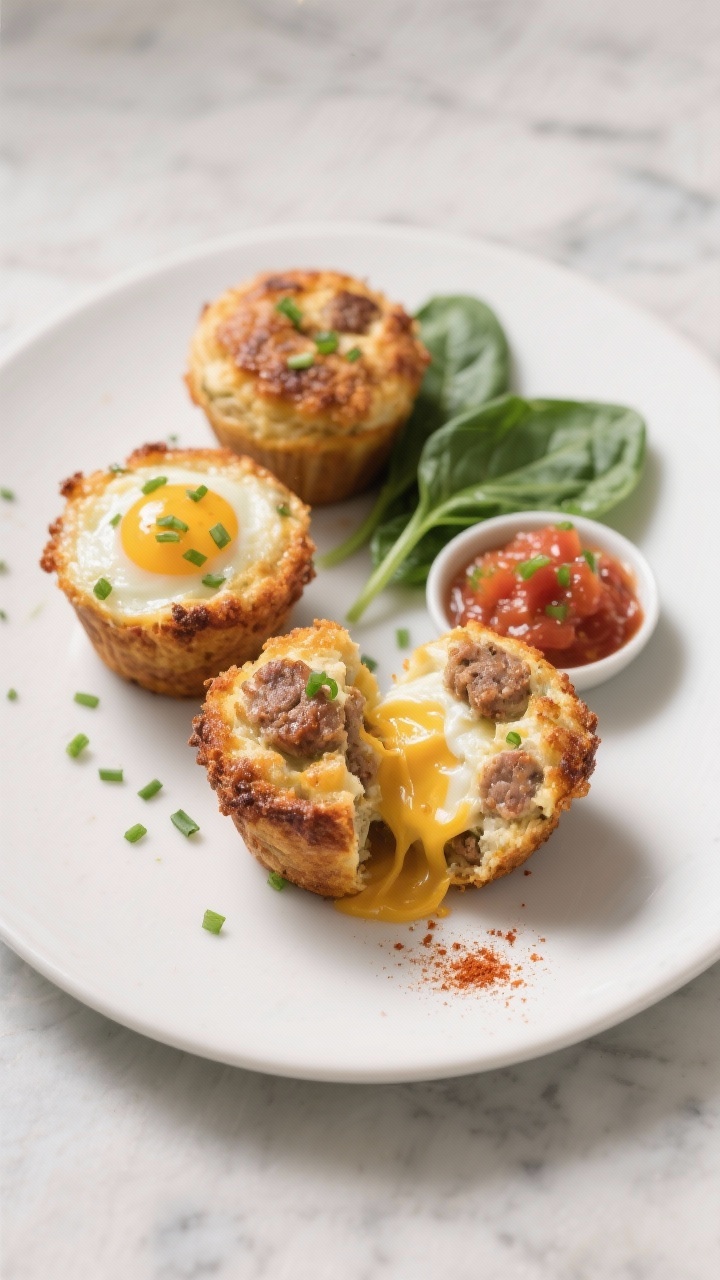 Final dish presentation: Beautifully plated sausage crusted egg muffins (3 pieces) on a matte white 
